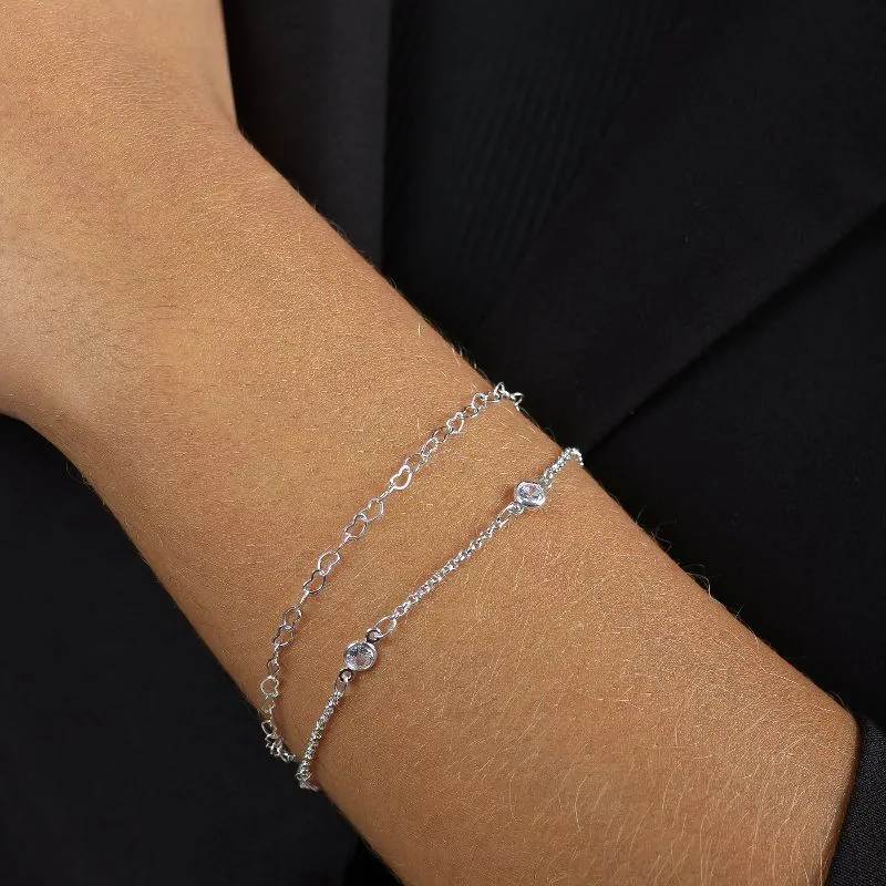 PULSEIRA DUPLA ELO CORACOES + ZIRC - BANHADO  A PRATA