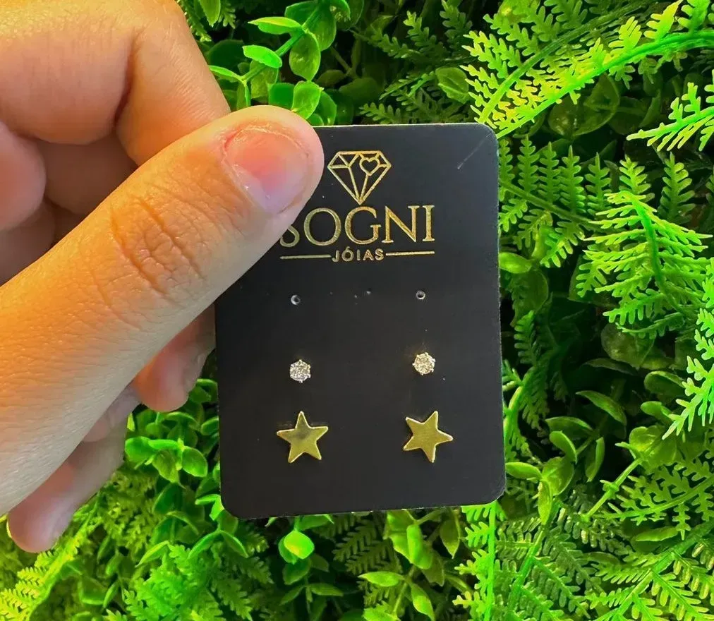 DUO DE BRINCOS ESTRELA + PONTO DE LUZ